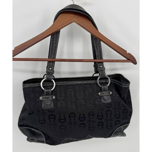 Etienne Aigner Black Logo Jacquard & Faux Leather Shoulder Bag With Buckle Accen - Picture 2 of 11